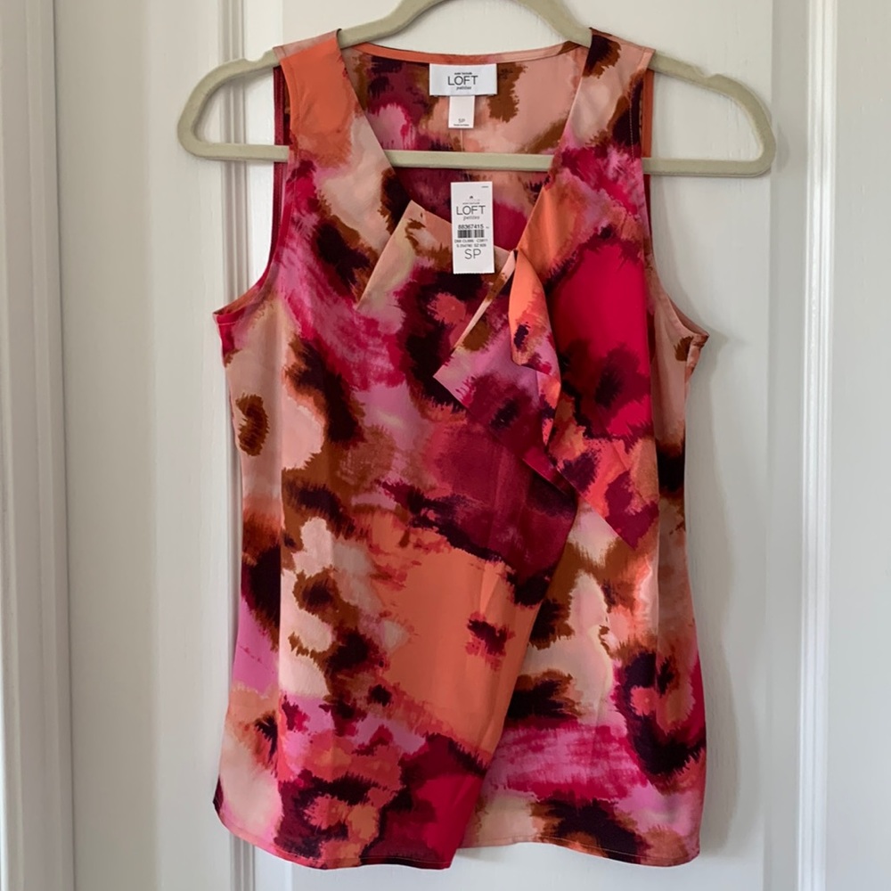 NWT LOFT Asymmetrical Ruffle Sleeveless Print Top